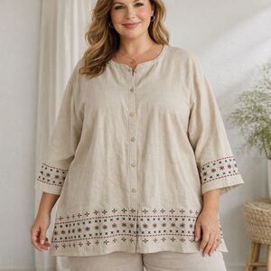 Vintage Dressbarn Women's 22/24W Linen Cotton Embroidered Button Up Tan Top Plus